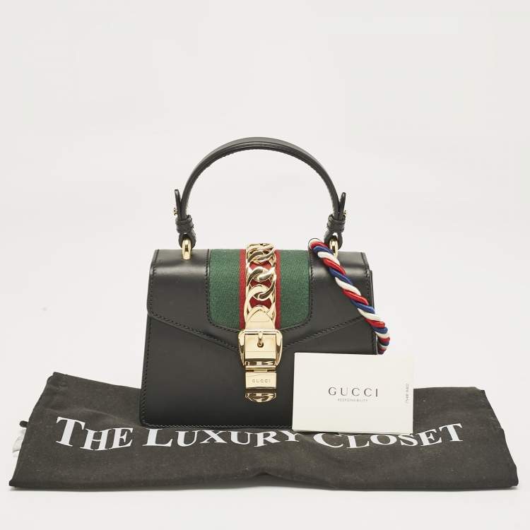 Pre Owned Gucci Black Leather Mini Web Chain Sylvie Top Handle Bag