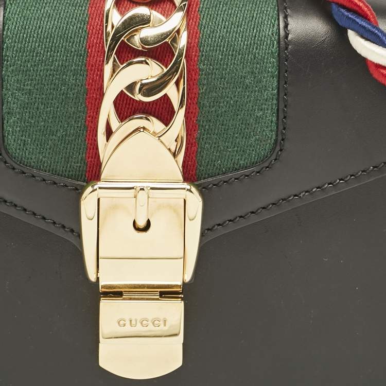 Pre Owned Gucci Black Leather Mini Web Chain Sylvie Top Handle Bag