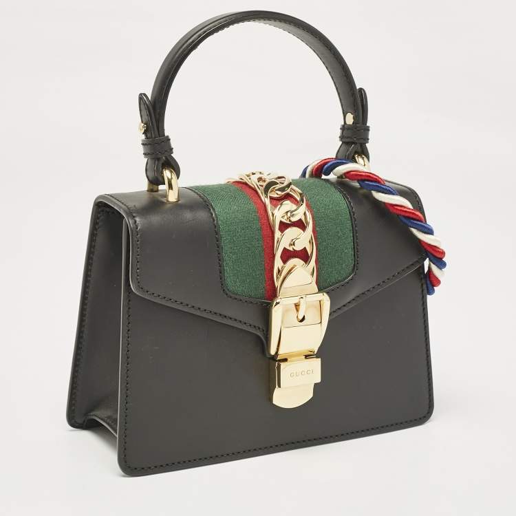 Pre Owned Gucci Black Leather Mini Web Chain Sylvie Top Handle Bag