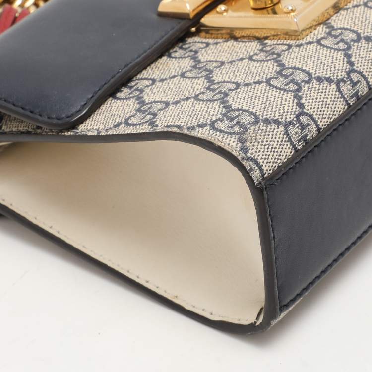 Pre Owned Gucci Navy Blue/Beige GG Supreme Canvas and Leather Small Padlock Shoulder Bag