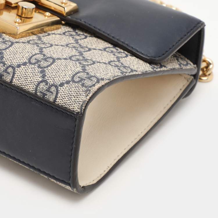Pre Owned Gucci Navy Blue/Beige GG Supreme Canvas and Leather Small Padlock Shoulder Bag