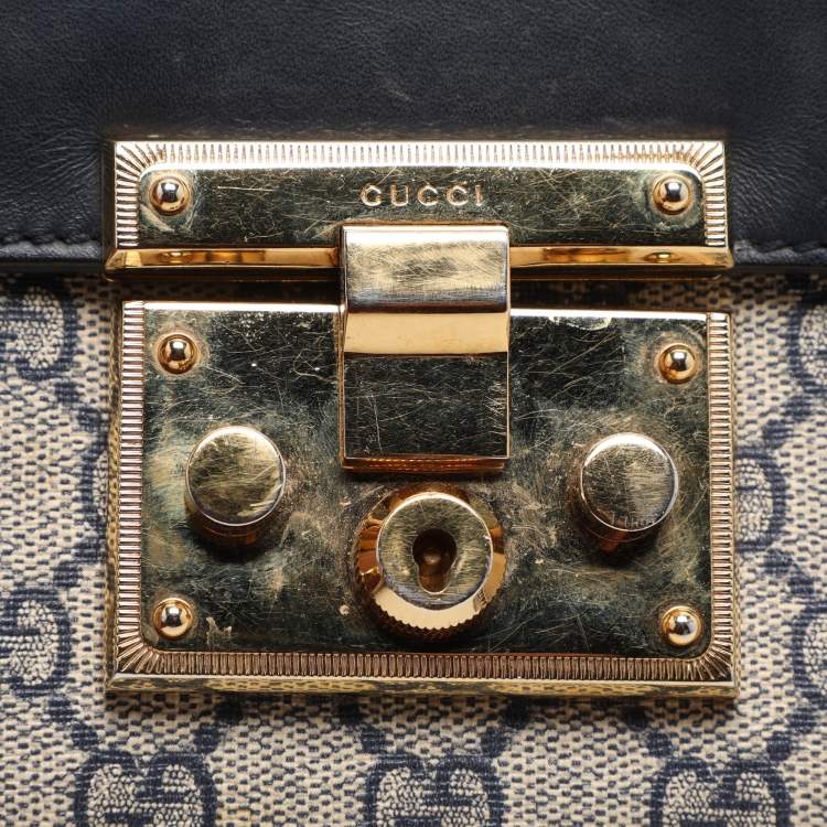 Pre Owned Gucci Navy Blue/Beige GG Supreme Canvas and Leather Small Padlock Shoulder Bag