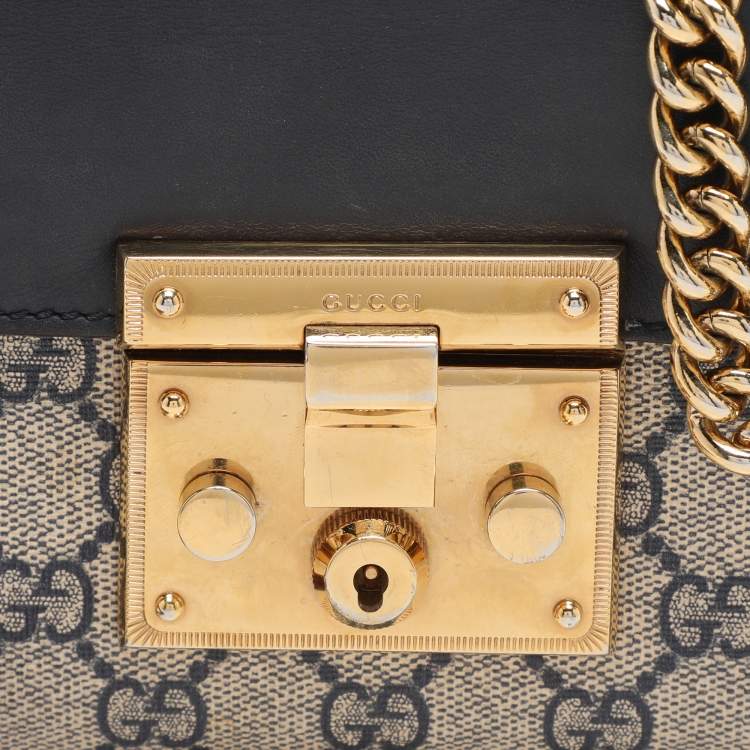 Pre Owned Gucci Navy Blue/Beige GG Supreme Canvas and Leather Small Padlock Shoulder Bag