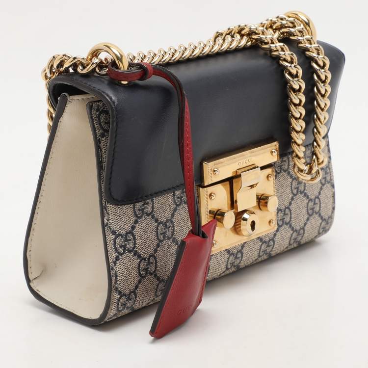 Pre Owned Gucci Navy Blue/Beige GG Supreme Canvas and Leather Small Padlock Shoulder Bag