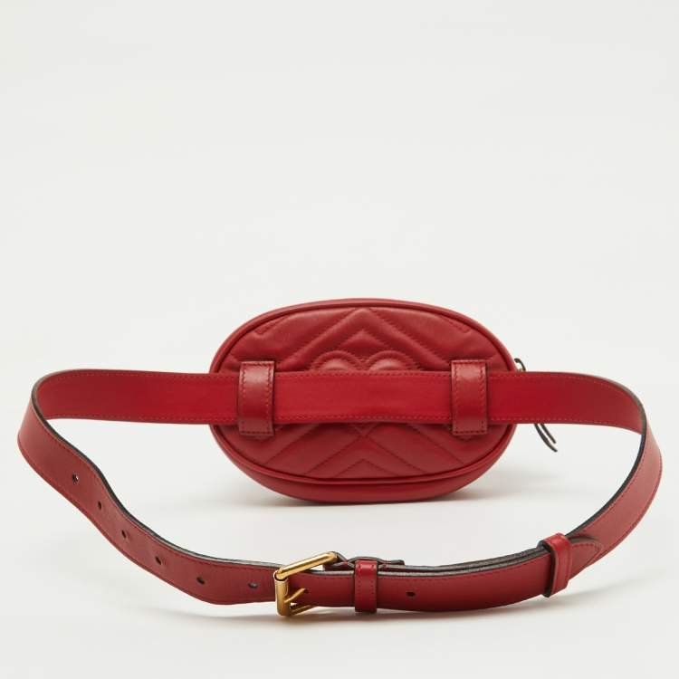 Pre Owned Gucci Red Matelasse Leather GG Marmont Belt Bag