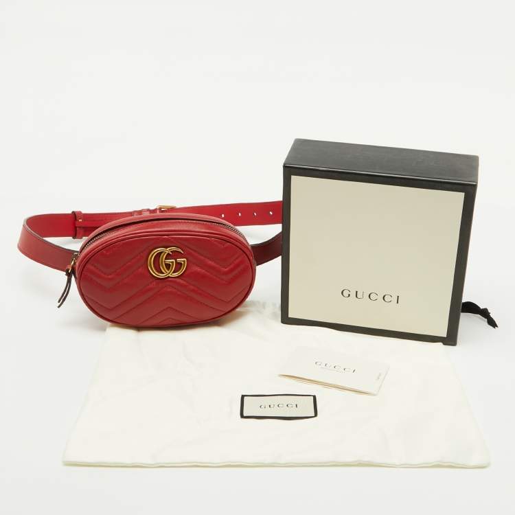 Pre Owned Gucci Red Matelasse Leather GG Marmont Belt Bag