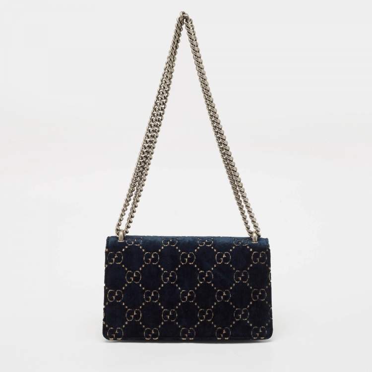 Pre Owned Gucci Dark Blue/Black GG Velvet Small Rectangular Dionysus Shoulder Bag
