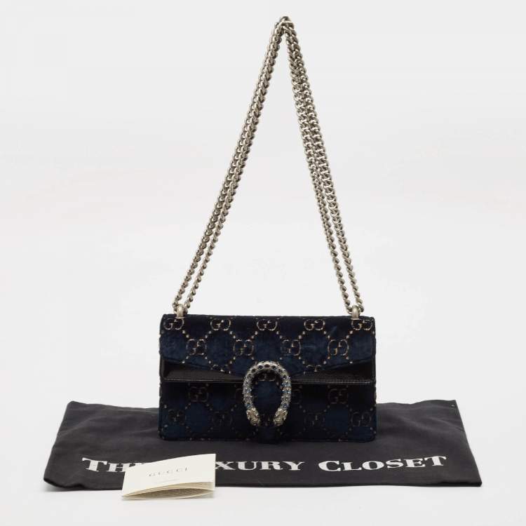 Pre Owned Gucci Dark Blue/Black GG Velvet Small Rectangular Dionysus Shoulder Bag