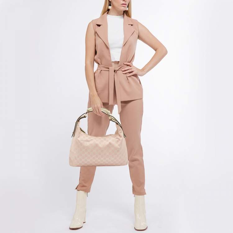 Pre Owned Gucci Pink/Off White GG Canvas Medium Horsebit Hobo