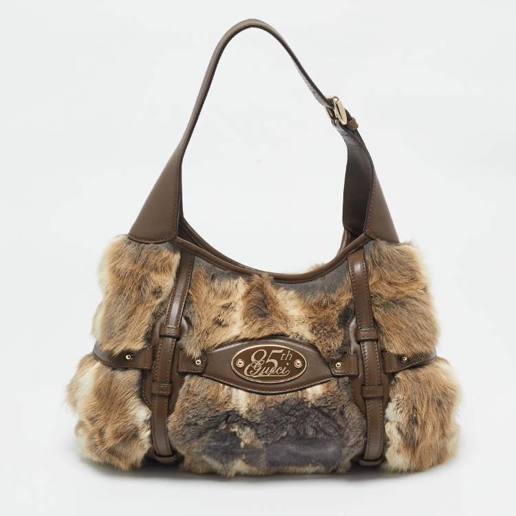 Pre Owned Gucci Beige/Brown Leather and Rabbit Fur 85th Anniversary Hobo