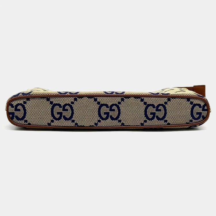 Pre Owned Gucci Beige Blue Fabric Jumbo GG Messenger Bag