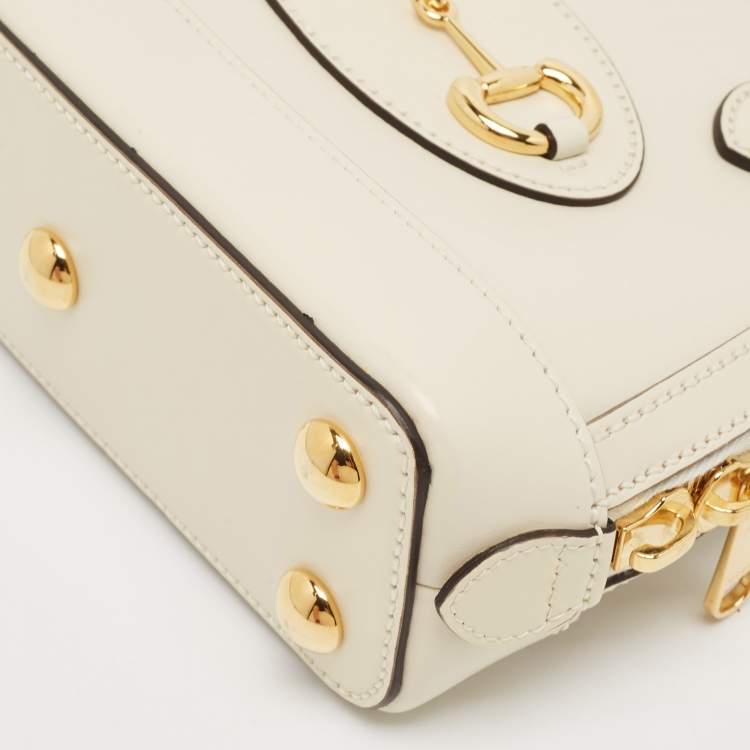 Pre Owned Gucci White Leather Mini Horsebit 1955 Top Handle Bag