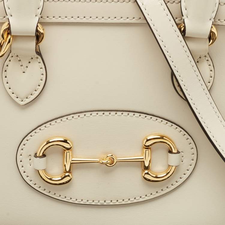 Pre Owned Gucci White Leather Mini Horsebit 1955 Top Handle Bag