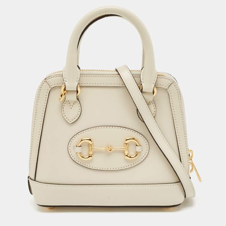 Pre Owned Gucci White Leather Mini Horsebit 1955 Top Handle Bag