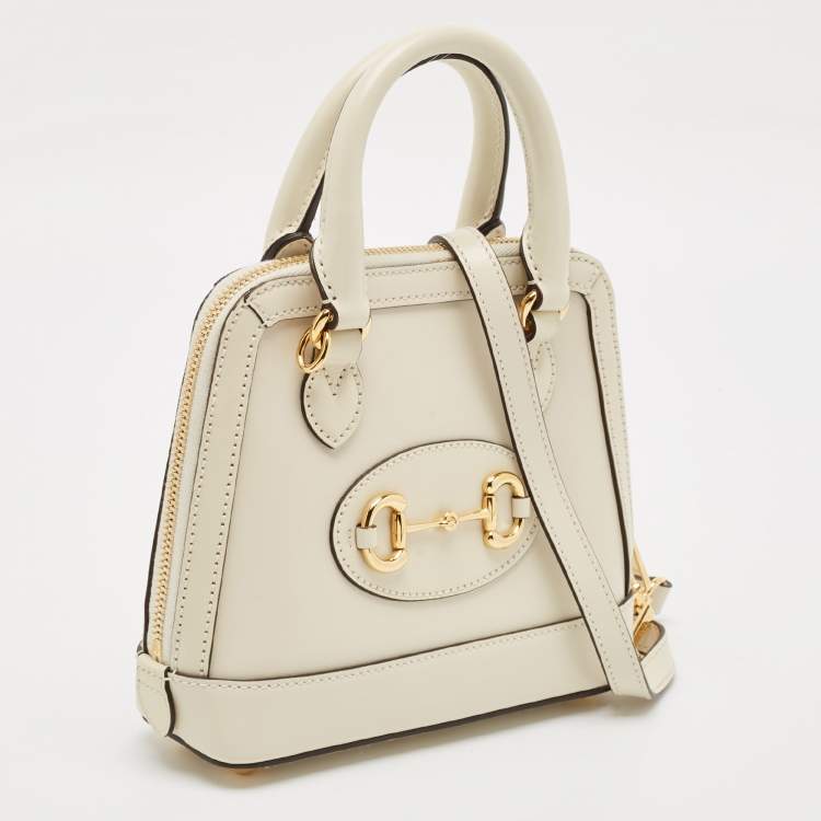 Pre Owned Gucci White Leather Mini Horsebit 1955 Top Handle Bag
