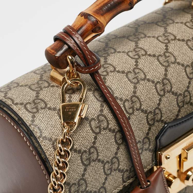 Pre Owned Gucci Beige/Black GG Supreme Canvas Small Bamboo Padlock Top Handle Bag