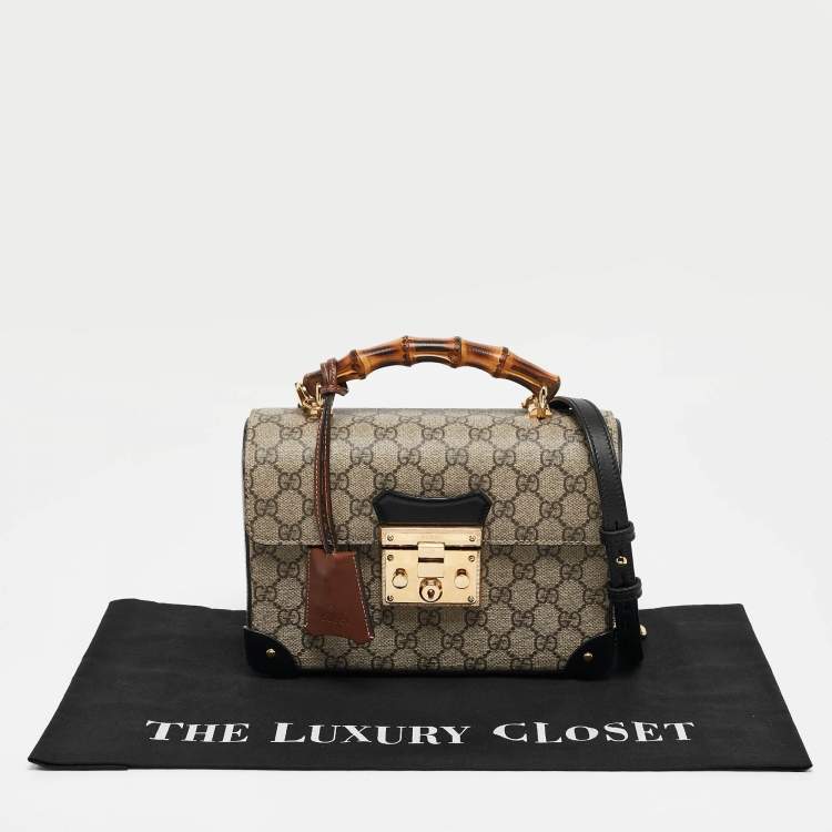 Pre Owned Gucci Beige/Black GG Supreme Canvas Small Bamboo Padlock Top Handle Bag