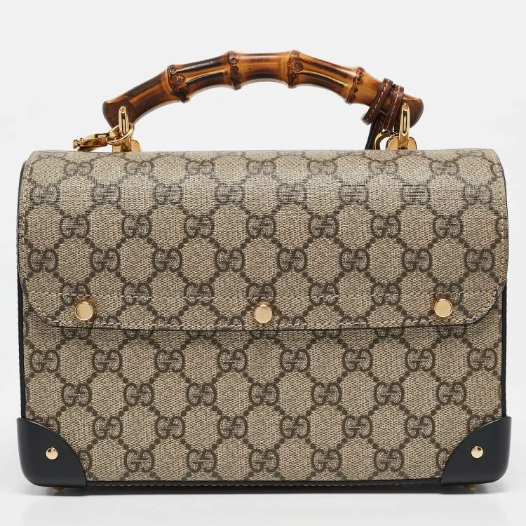 Pre Owned Gucci Beige/Black GG Supreme Canvas Small Bamboo Padlock Top Handle Bag