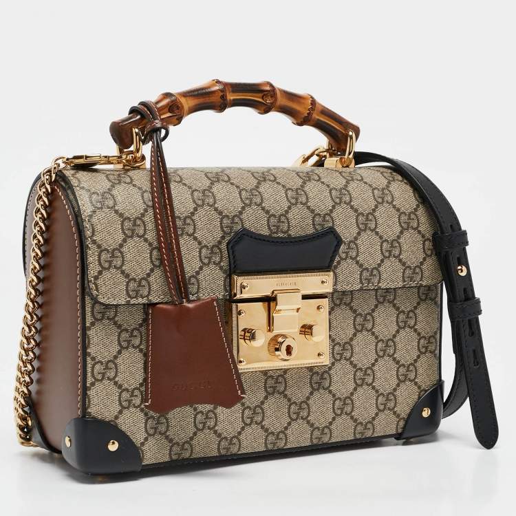 Pre Owned Gucci Beige/Black GG Supreme Canvas Small Bamboo Padlock Top Handle Bag