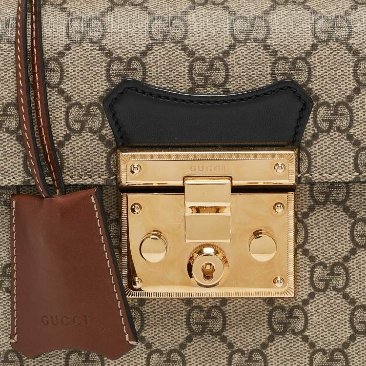 Pre Owned Gucci Beige/Black GG Supreme Canvas Small Bamboo Padlock Top Handle Bag