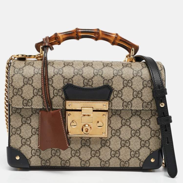 Pre Owned Gucci Beige/Black GG Supreme Canvas Small Bamboo Padlock Top Handle Bag
