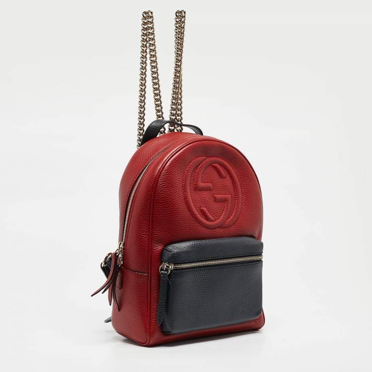 Pre Owned Gucci Red/Navy Blue Leather Soho Chain Backpack