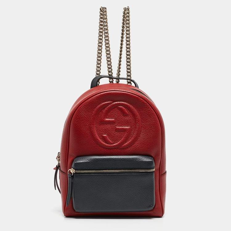 Pre Owned Gucci Red/Navy Blue Leather Soho Chain Backpack