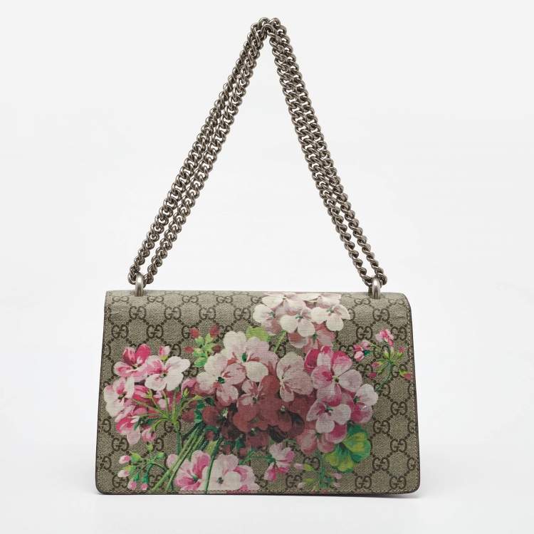 Pre Owned Gucci Beige/Burgundy GG Supreme Canvas and Suede Dionysus Blooms Shoulder Bag