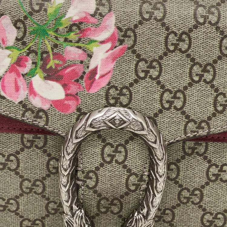 Pre Owned Gucci Beige/Burgundy GG Supreme Canvas and Suede Dionysus Blooms Shoulder Bag