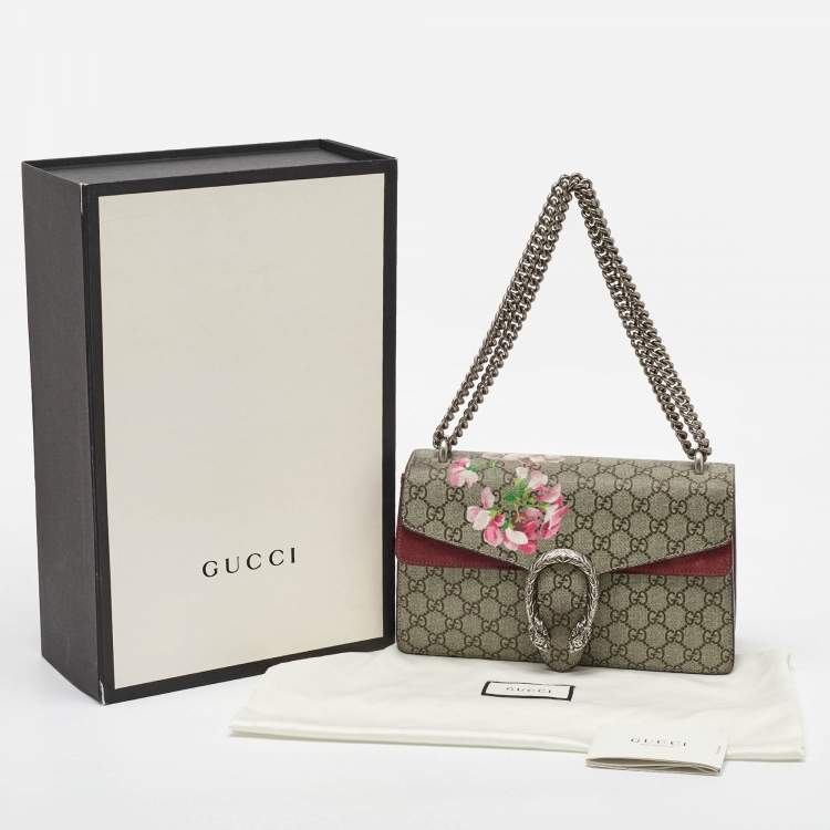 Pre Owned Gucci Beige/Burgundy GG Supreme Canvas and Suede Dionysus Blooms Shoulder Bag