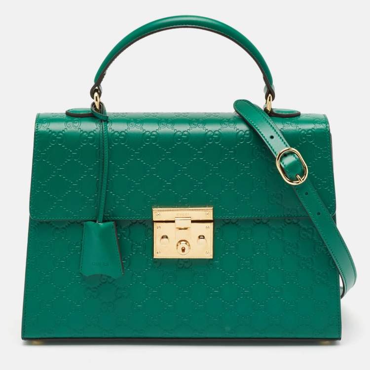 Pre Owned Gucci Green Guccissima Leather Medium Padlock Top Handle Bag