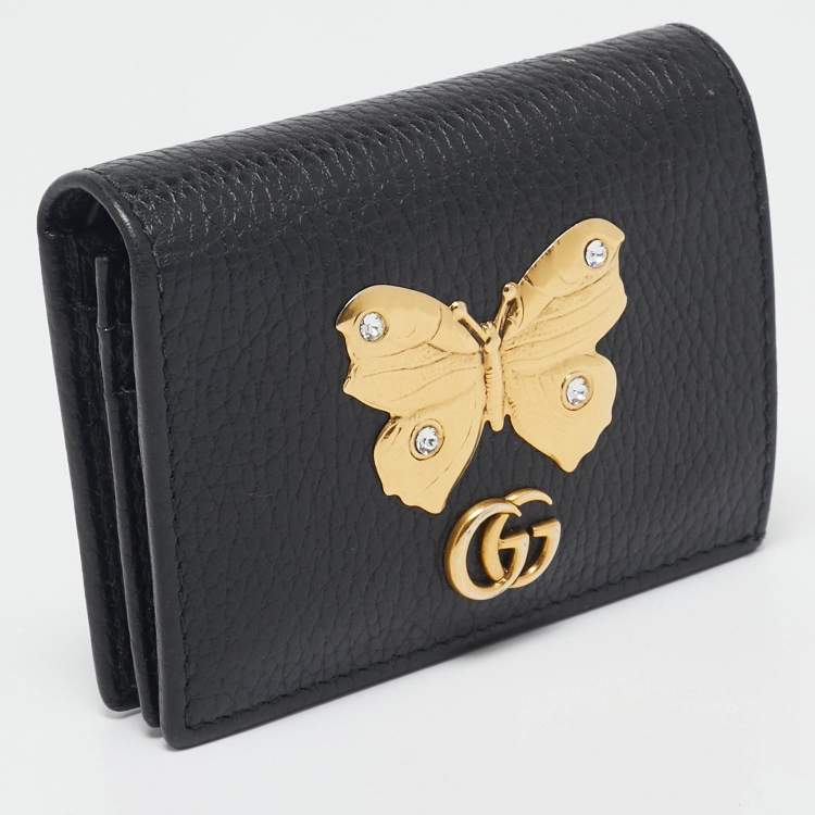 Pre Owned Gucci Black Leather GG Marmont Butterfly Bifold Wallet
