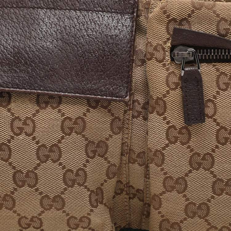 Pre Owned Gucci Beige/Brown GG Canvas and Leather Web Double Pocket Belt Bag