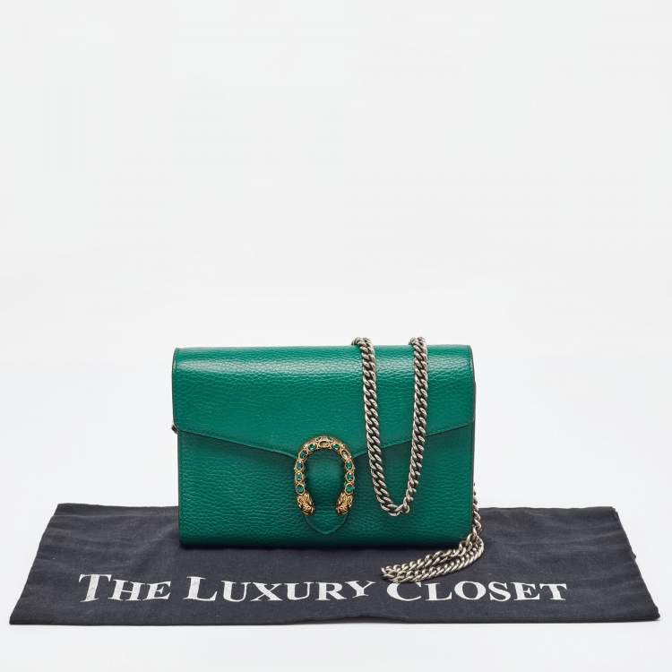 Pre Owned Gucci Green Leather Dionysus Mini Wallet on Chain