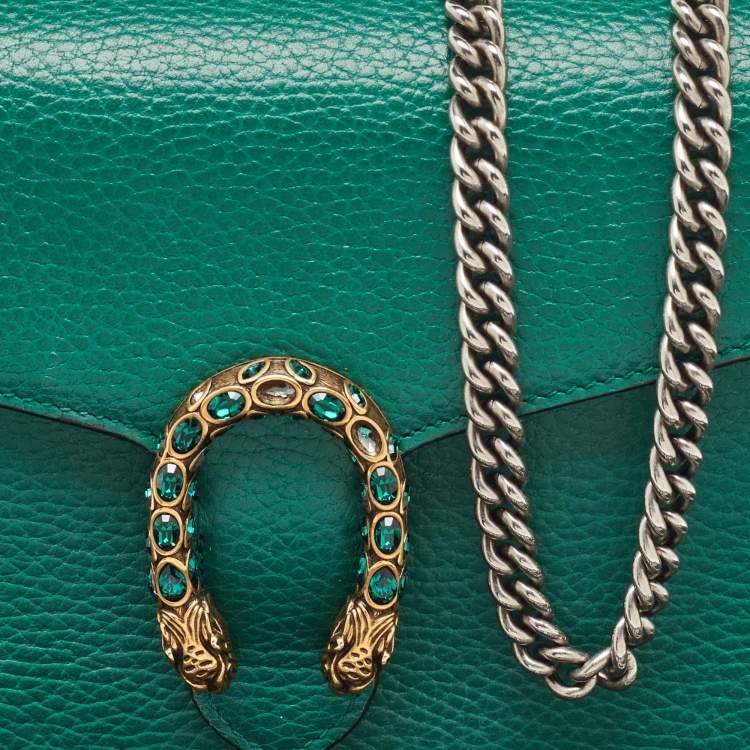 Pre Owned Gucci Green Leather Dionysus Mini Wallet on Chain
