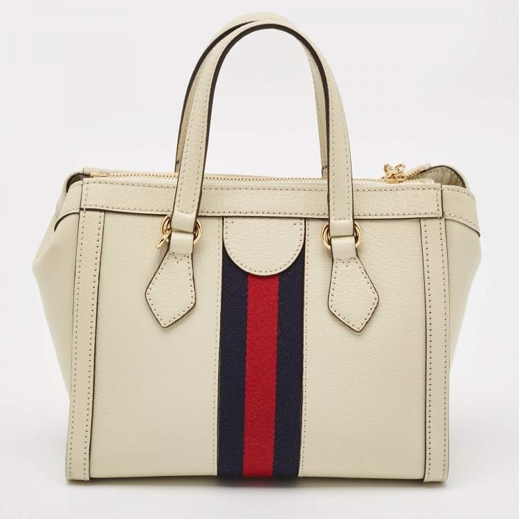 Pre Owned Gucci Off White Leather Small Web Ophidia Tote