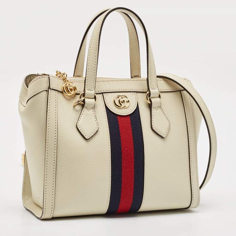 Pre Owned Gucci Off White Leather Small Web Ophidia Tote