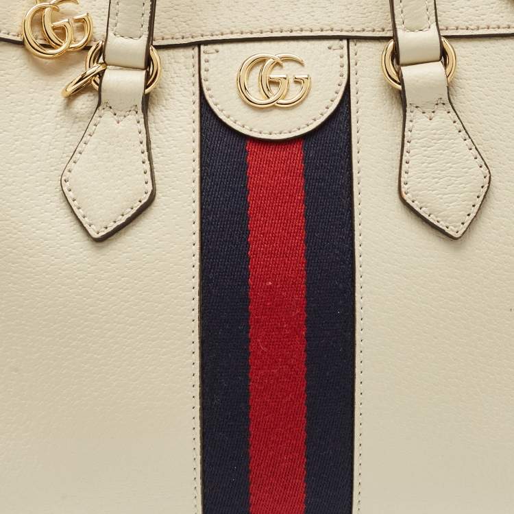 Pre Owned Gucci Off White Leather Small Web Ophidia Tote