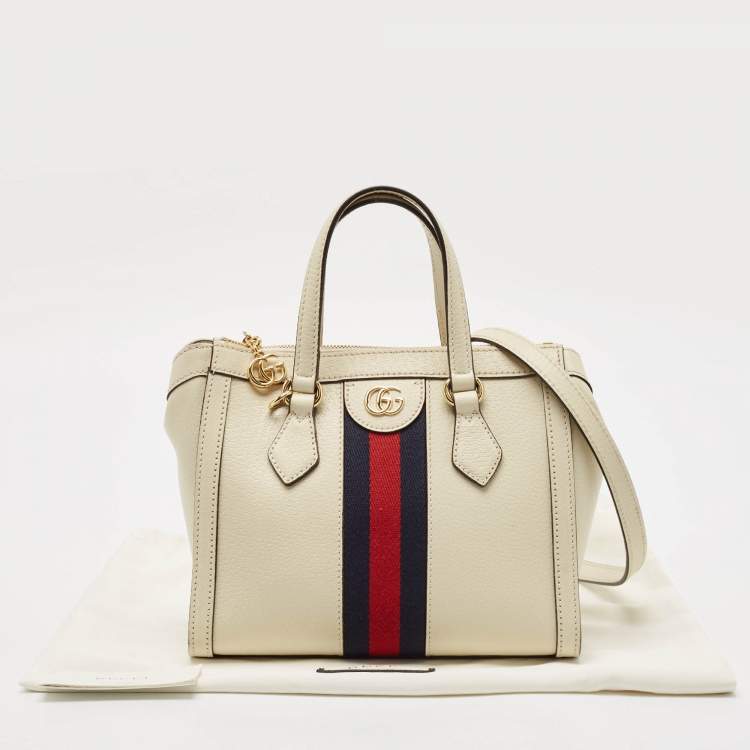 Pre Owned Gucci Off White Leather Small Web Ophidia Tote