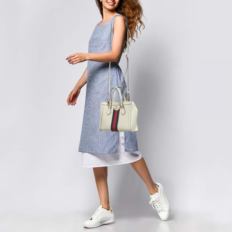 Pre Owned Gucci Off White Leather Small Web Ophidia Tote