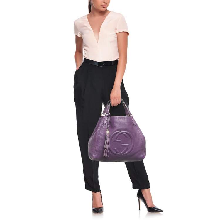 Pre Owned Gucci Purple Leather Soho Tassel Tote