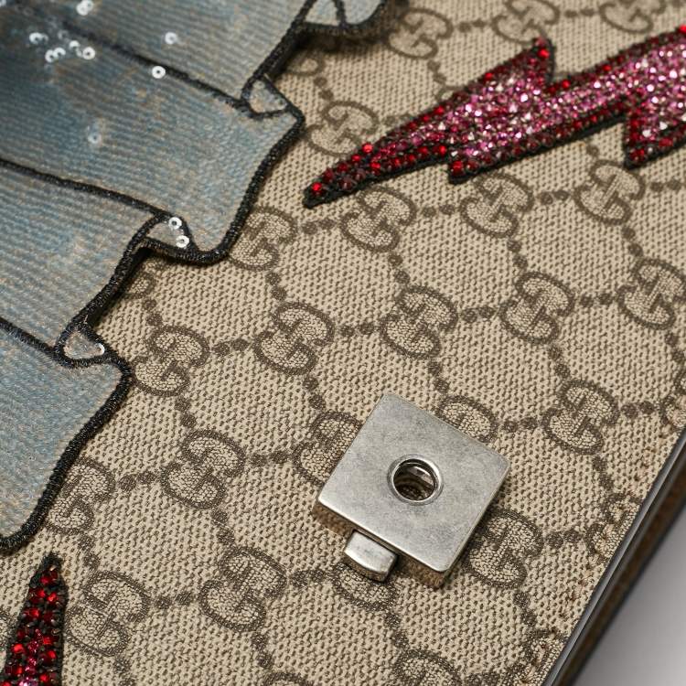 Pre Owned Gucci Beige GG Supreme Canvas and Suede Medium Crystal/Sequins Embellished Dionysus Shoulder Bag