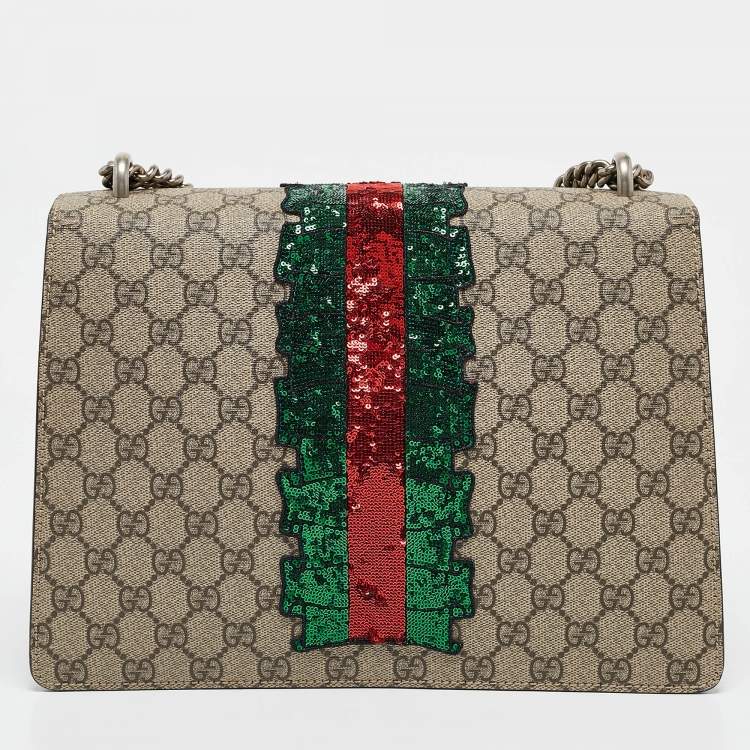 Pre Owned Gucci Beige GG Supreme Canvas and Suede Medium Crystal/Sequins Embellished Dionysus Shoulder Bag