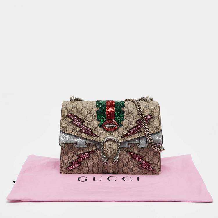 Pre Owned Gucci Beige GG Supreme Canvas and Suede Medium Crystal/Sequins Embellished Dionysus Shoulder Bag