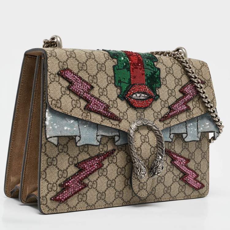 Pre Owned Gucci Beige GG Supreme Canvas and Suede Medium Crystal/Sequins Embellished Dionysus Shoulder Bag