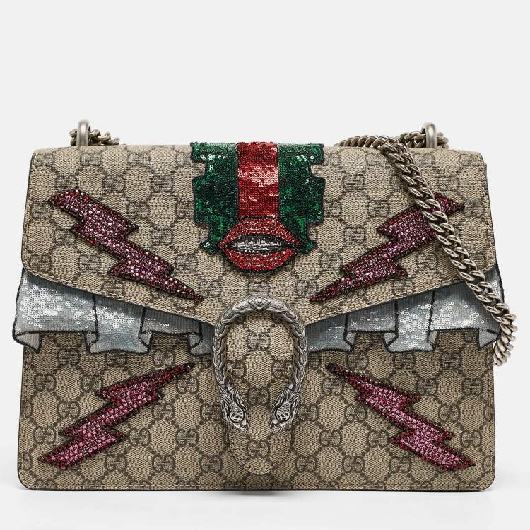 Pre Owned Gucci Beige GG Supreme Canvas and Suede Medium Crystal/Sequins Embellished Dionysus Shoulder Bag