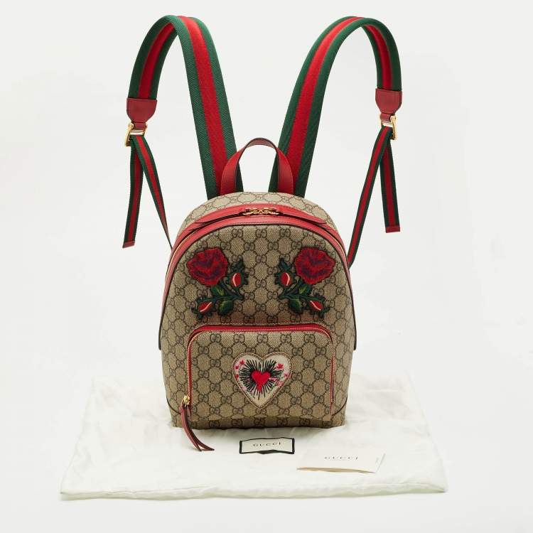 Pre Owned Gucci Red/Beige GG Supreme Canvas Small Embroidered Limited Edition Backpack