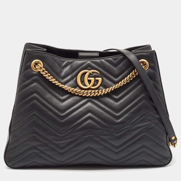 مملوكة مسبقًا Gucci Black Matelassé Leather Medium GG Marmont Tote