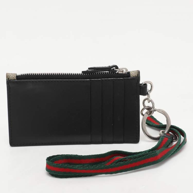 Pre Owned Gucci Beige/Black GG Supreme Canvas and Leather Kingsnake Lanyard Card Holder