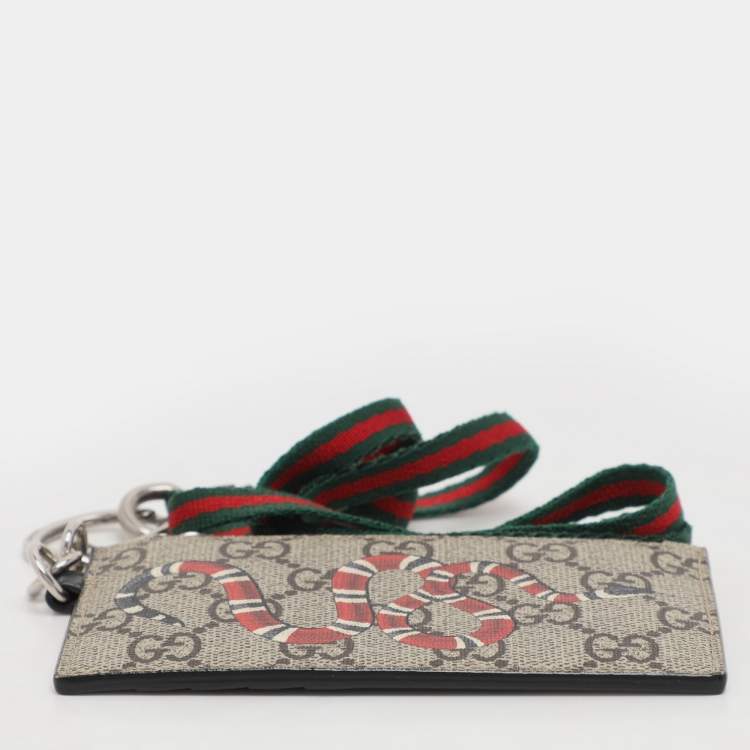Pre Owned Gucci Beige/Black GG Supreme Canvas and Leather Kingsnake Lanyard Card Holder
